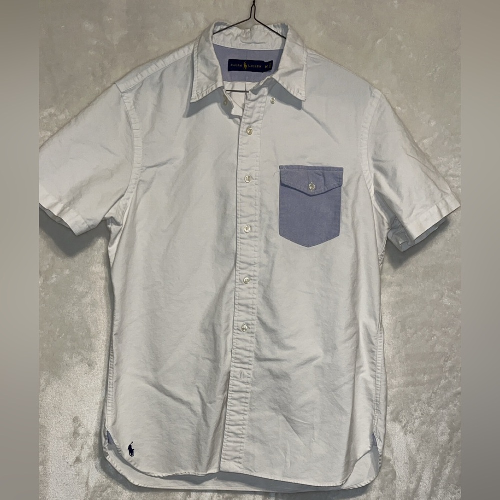 Men's White and Blue Button Down by Ralph Lauren Shirt